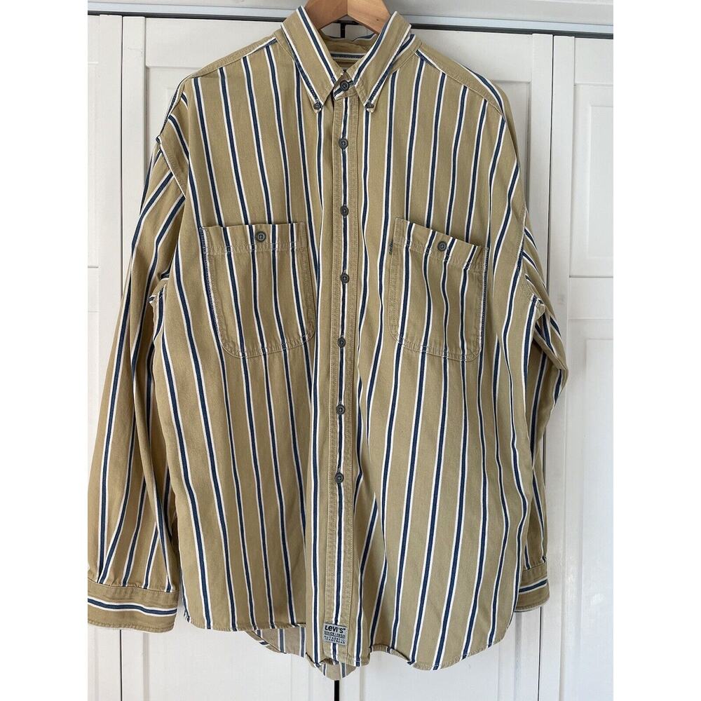 Vintage 1990s Levi Striped Long Sleeve Denim Button Up Shirt L Western Hipster